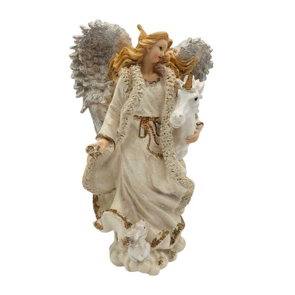 Vintage 1990s Etherial Angel with Unicorn Figurine Cream Gold Resin Y2K - Picture 1 of 7